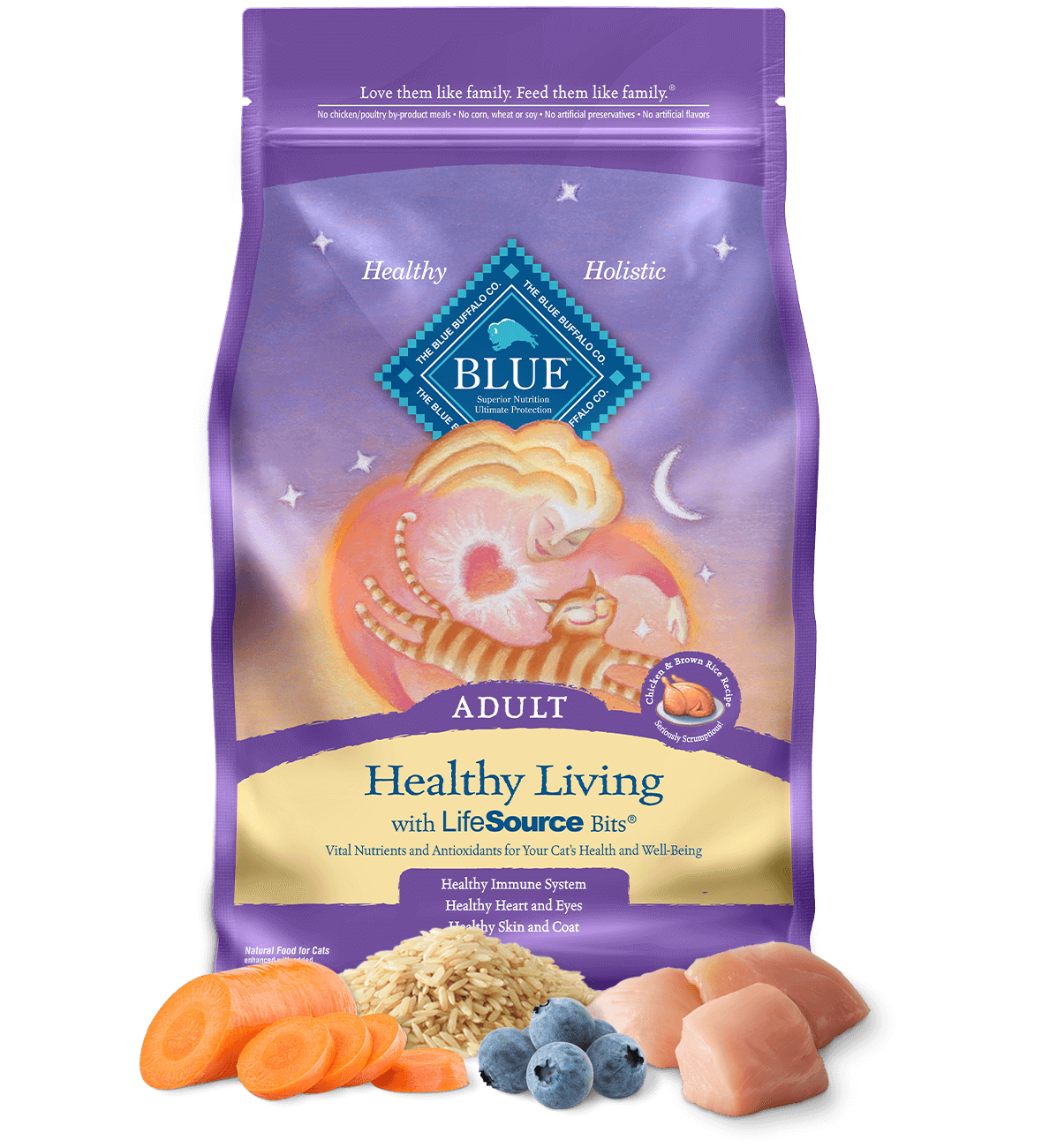 Buffle bleu, BLUE™ Healthy Living Adult Cats Recette Poulet et Riz Brun