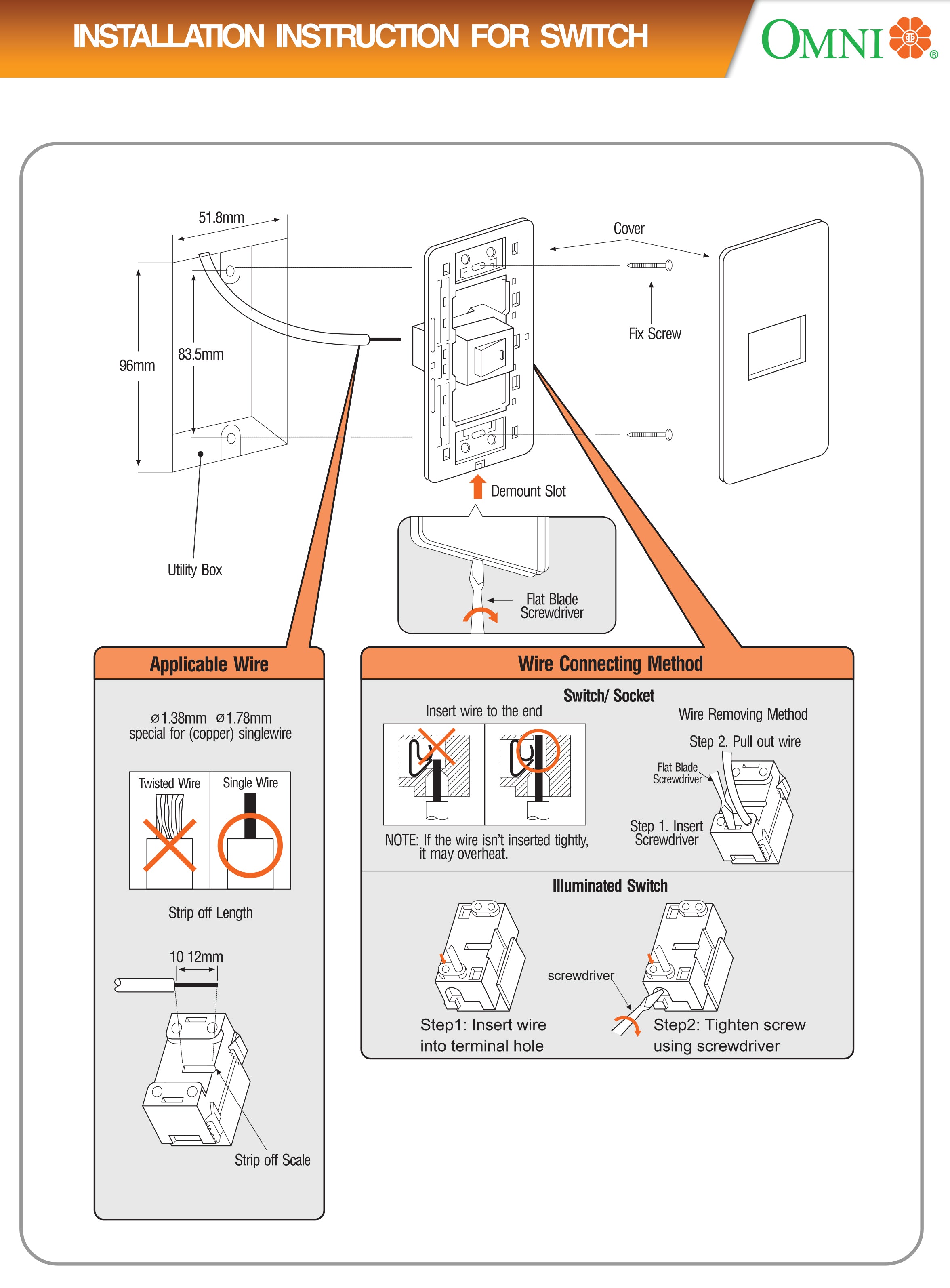 Omni, Omni P2-S14 2pc 1-Way Illuminated Switch in Plate (Flush Type)