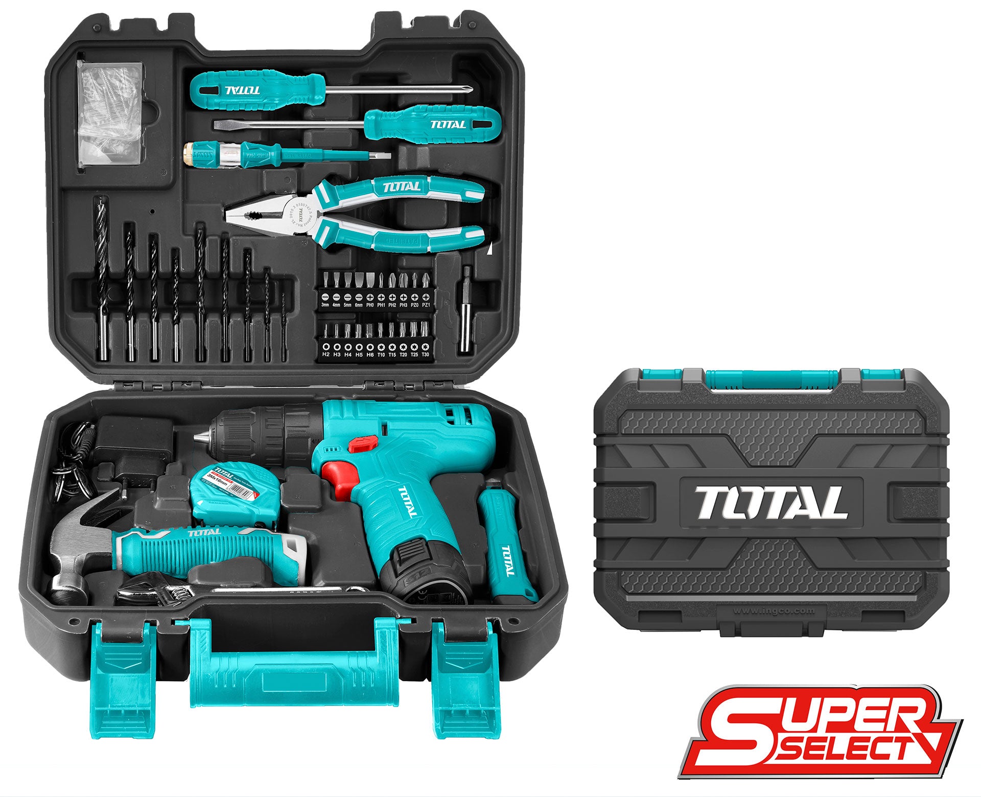 Total, Total THKTHP10812 12V Cordless Drill + Hand Tools Set (81 pcs Household Tool Set)