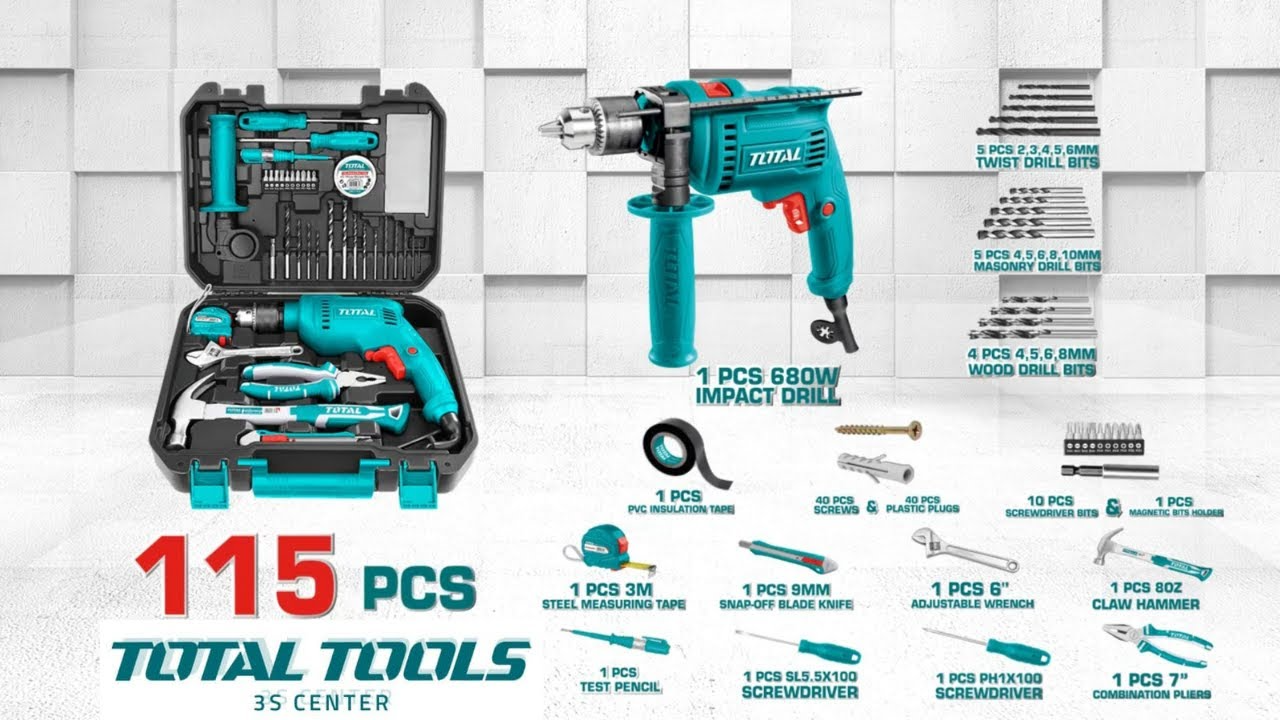 Total, Total THKTHP1152 Perceuse marteau avec ensemble d'outils à main (115pcs)