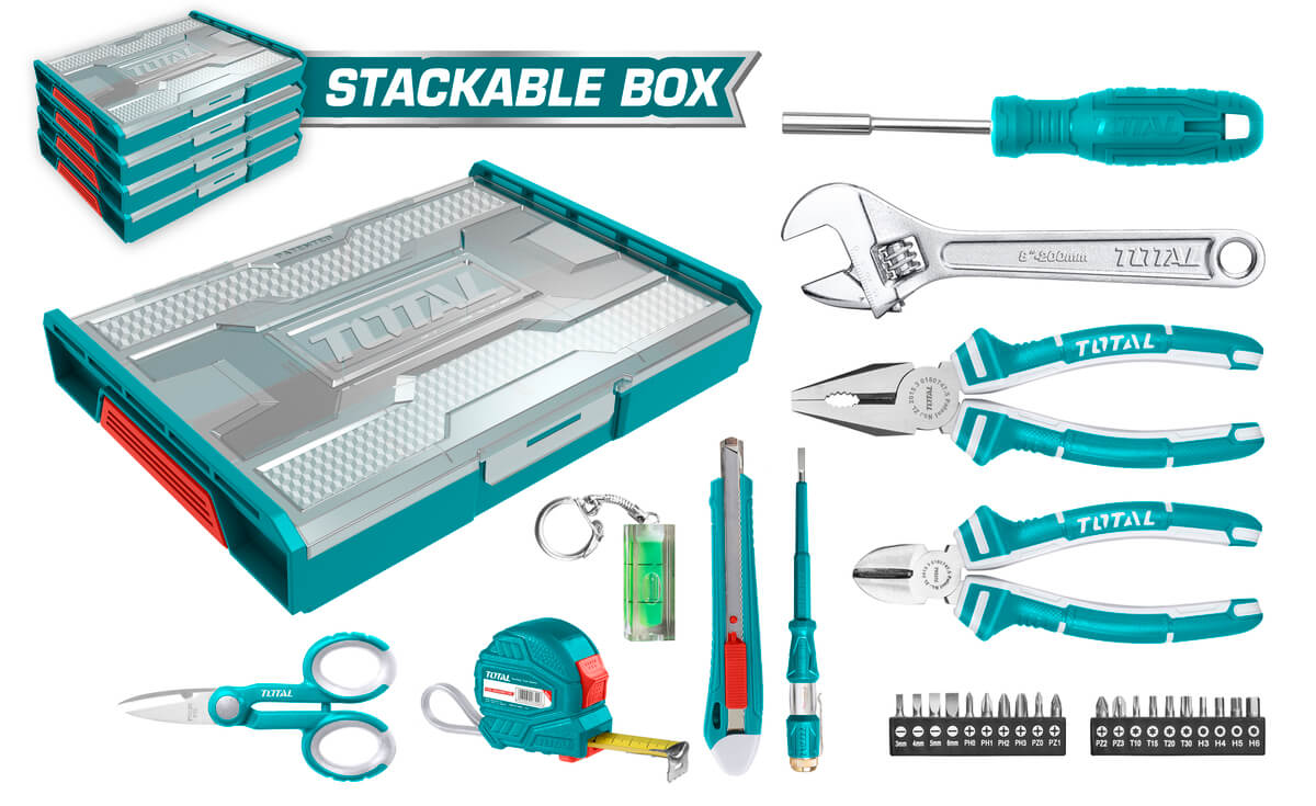 Total, Total THKTV02H291 Set d'outils à main 29pcs avec boîte à outils empilable