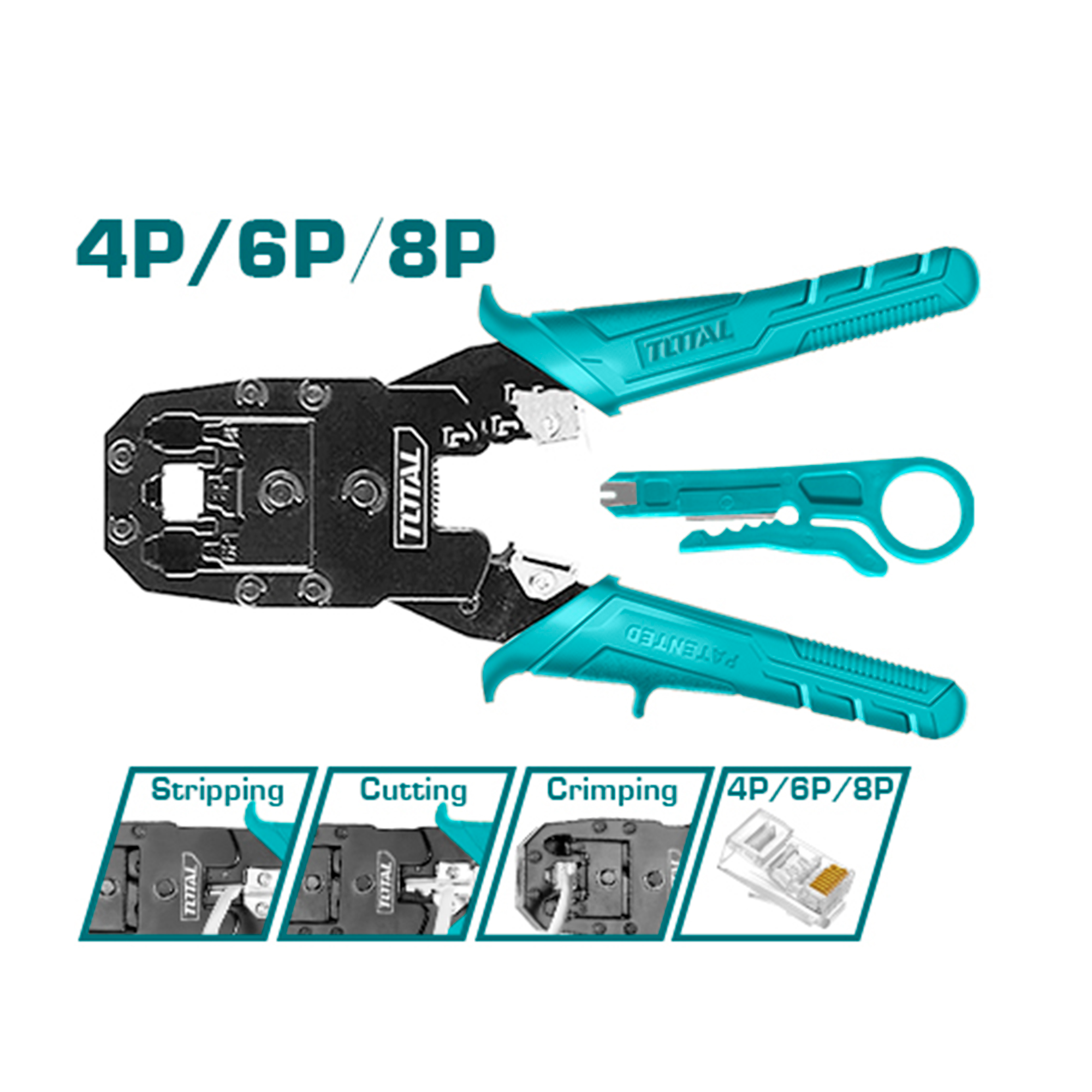 Total, Total TMPC4468P Pince à sertir les fiches modulaires, 8".