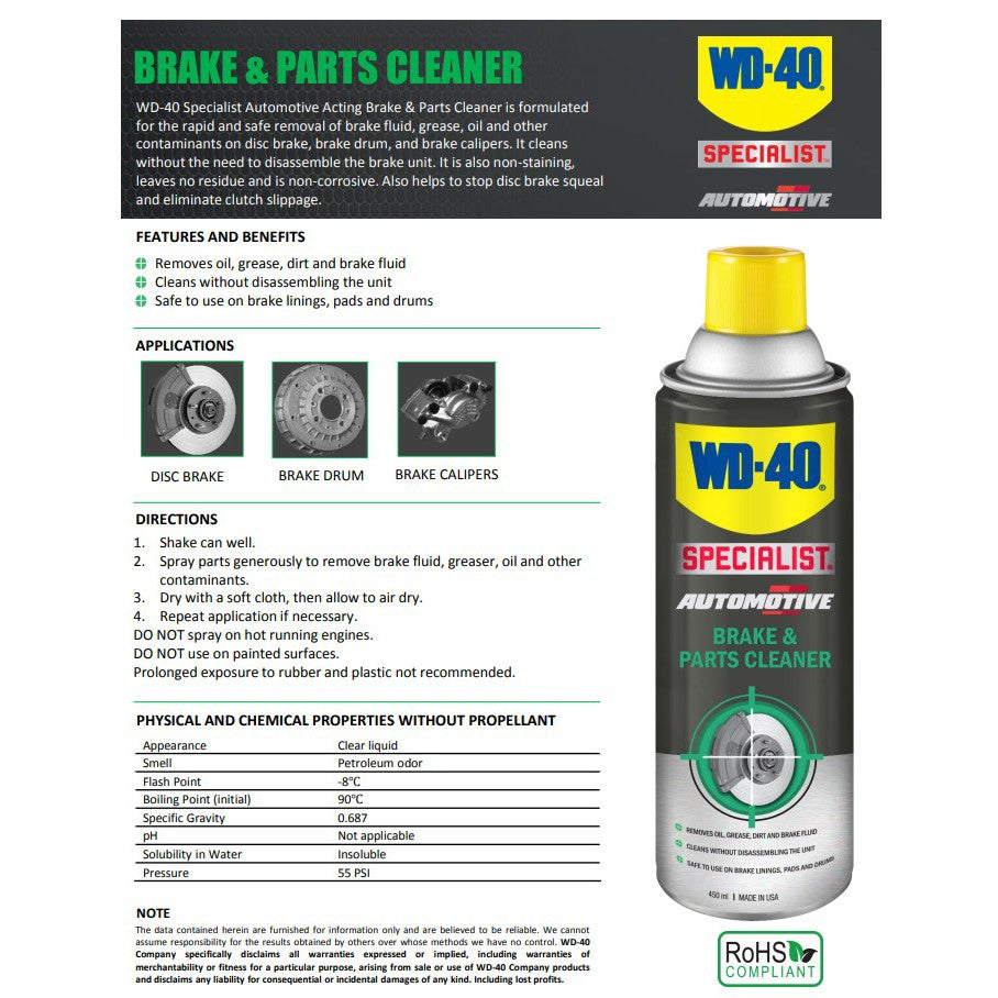 WD-40, WD-40 Spécialiste Nettoyant pour freins et pièces détachées 450ml (WD-AMC-BPC450)